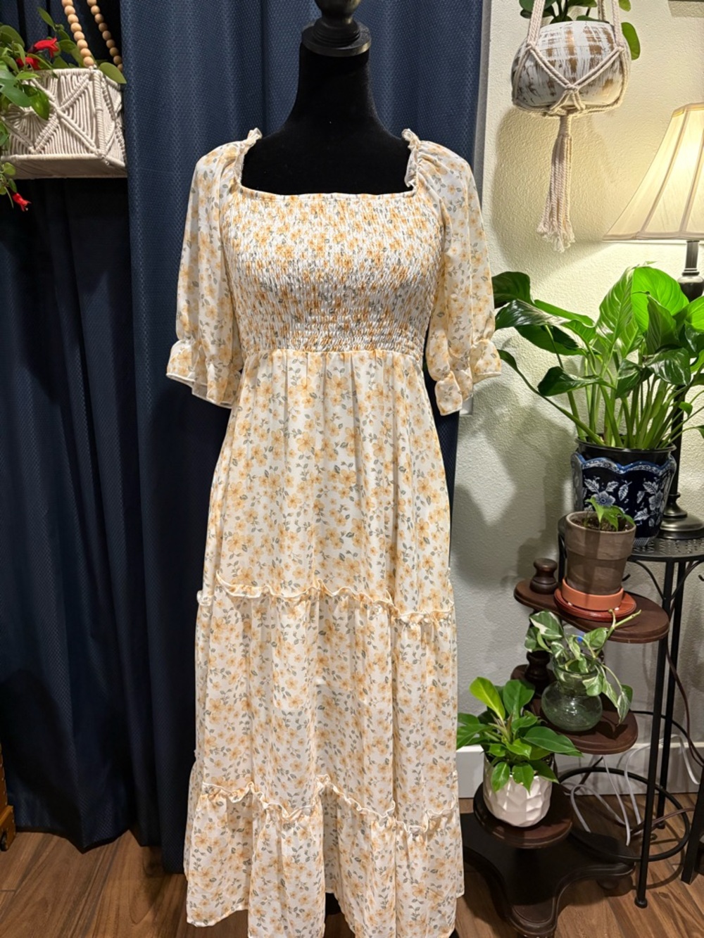 Smocked Square-Neck Maxi Dress in Yellow Floral